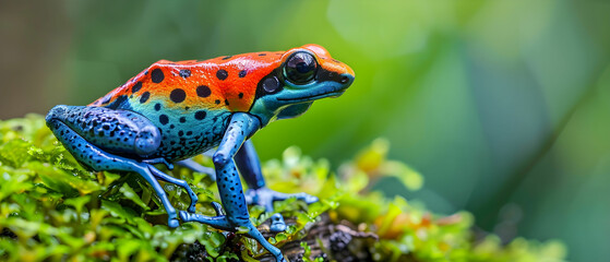 Fototapeta premium Vibrant Blue Poison Dart Frog Resting on Mossy Log in Tropical Rainforest Environment