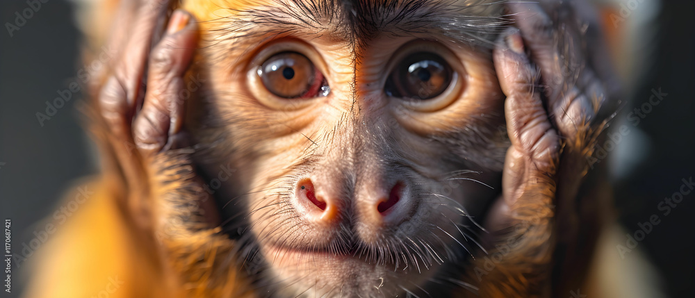 Poster close-up of a curious young monkey with expressive eyes and hands on its face in a natural setting