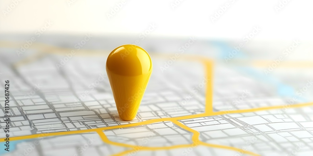 Poster a yellow location marker placed on a map, indicating a specific point or destination. concept map na