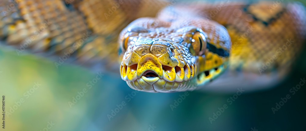 Poster close-up of a colorful snake with intricate scale patterns and unique head features in a natural set