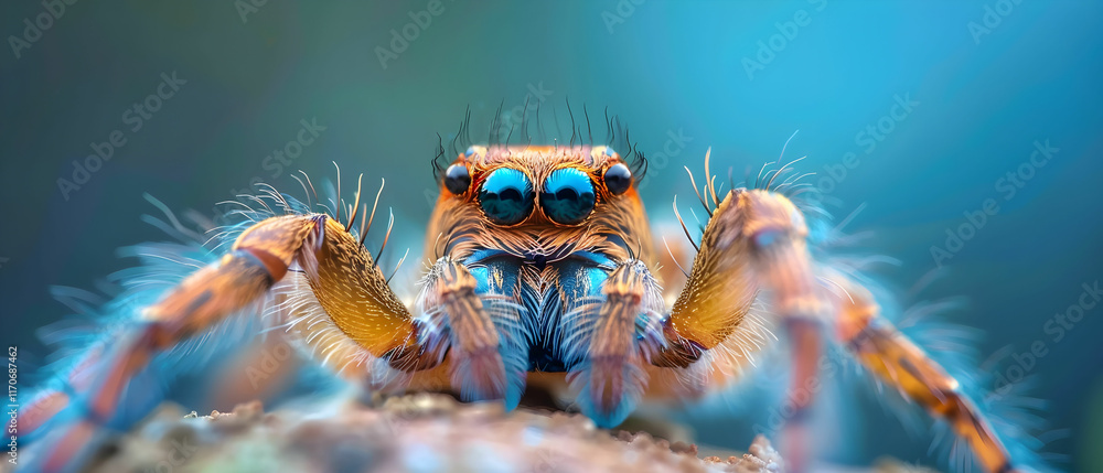 Poster close-up of a colorful spider with intricate details and vivid textures on soft blue background