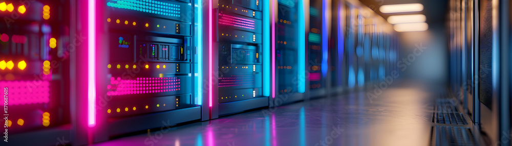 Poster vibrant data center with colorful led lights illuminating server racks in a modern technology enviro