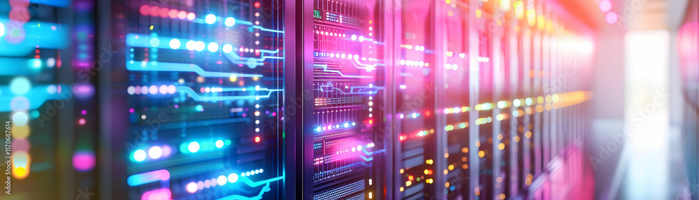 Poster futuristic data center with colorful led lights and server racks for technology and innovation conce