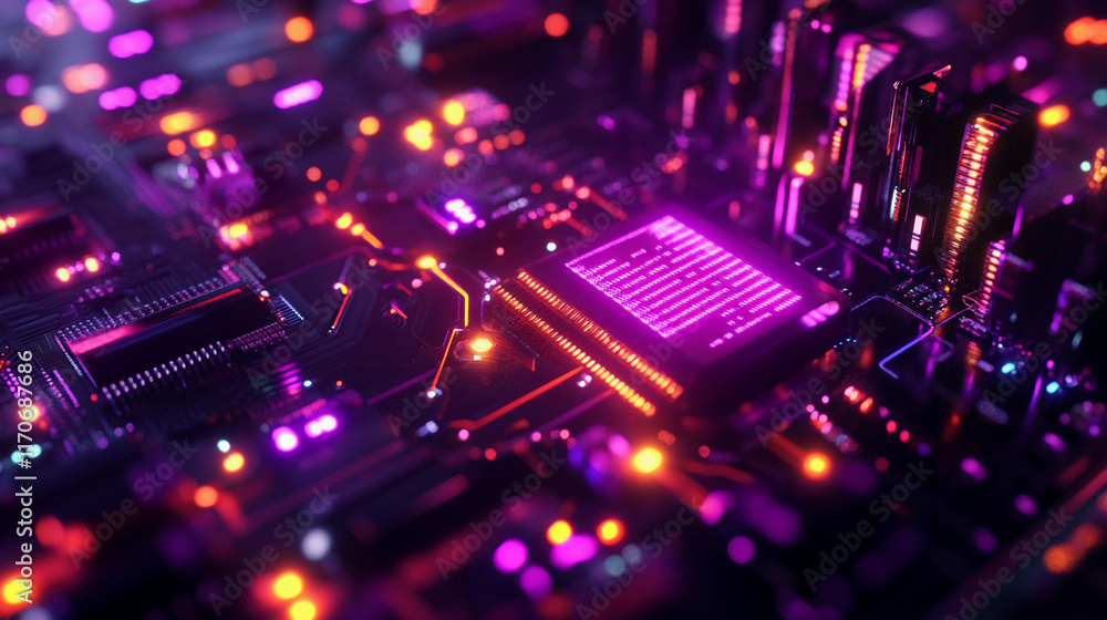 Poster server center with vibrant leds illuminating circuit components. generative ai
