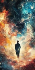 Abstract Person Standing in Colorful Cosmic Swirl Background