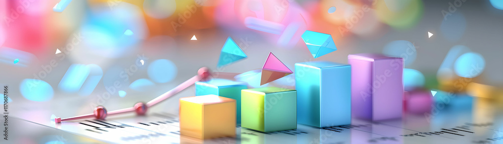 Poster colorful graphical representation of data analysis with vibrant shapes and trends in a modern busine