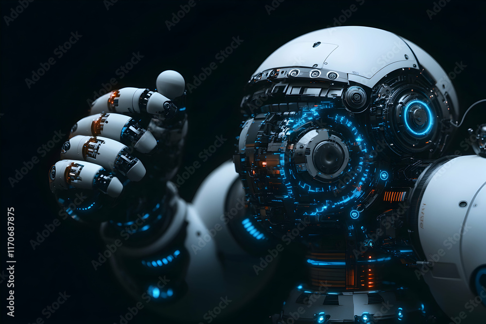 Poster close-up of a futuristic robot's intricate mechanical hand and head, glowing with internal lights ag