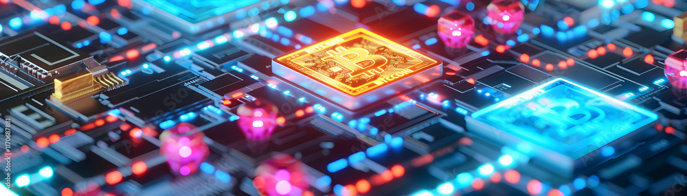 Poster futuristic digital circuit board with bitcoin symbol and colorful led lights illuminating cryptocurr