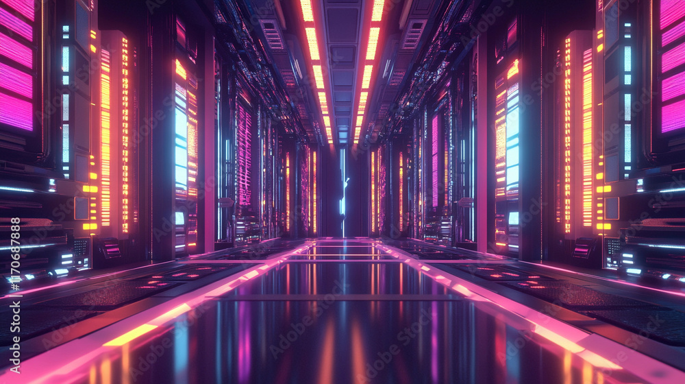 Poster bright led-lit server center corridor with advanced technology. generative ai