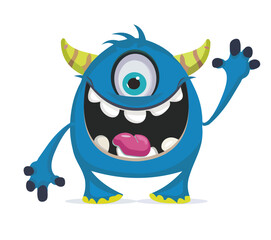 cheerful blue monster with one large eye and exaggerated features waves happily, showcasing its playful personality and bright colors.