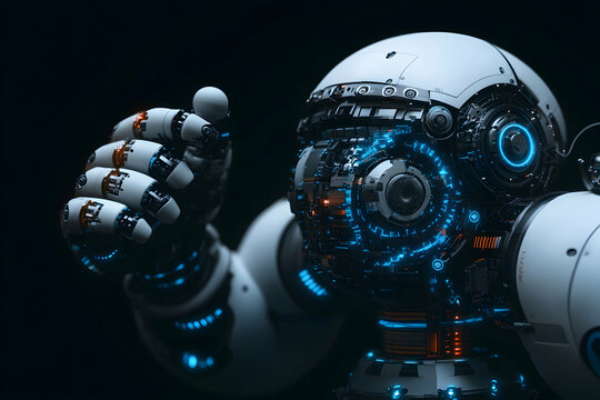 Close-up of a futuristic robot's intricate mechanical hand and head, glowing with internal lights against a dark background;  a concept image of AI technology.