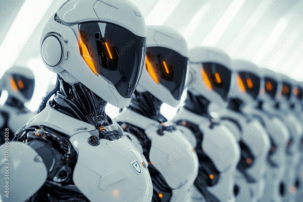 Poster robots with sleek designs and glowing features stand in a futuristic, high-tech space