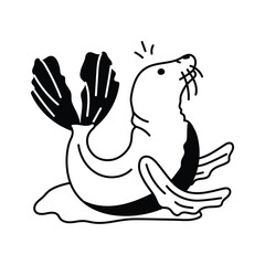 Obraz premium A stylized, black and white line drawing of a playful fur seal