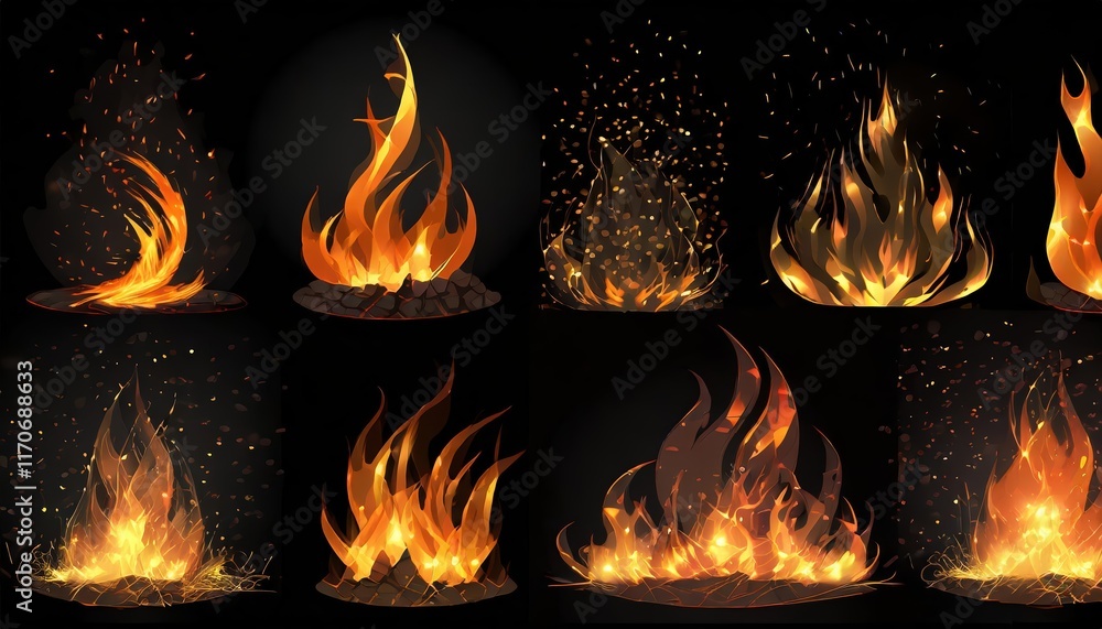 Poster dynamic set of burning fires, flames, and sparks on transparent background for versatile use on ligh