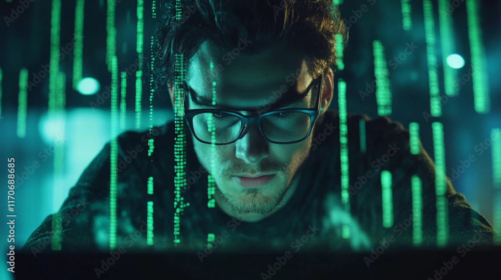 Poster focused individual coding in a dimly lit room with green code. generative ai