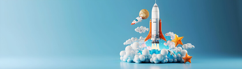 Obraz premium Colorful Rocket Launch with Clouds and Stars in a Fun, Whimsical Style for Children's Themes and Imagination Exploration