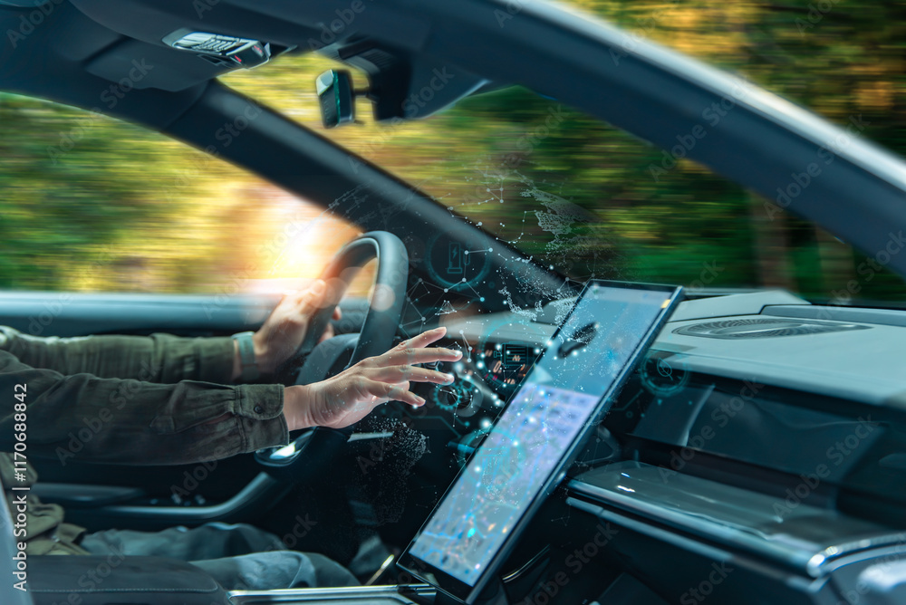 Poster a person in a modern car interacts with a high-tech touchscreen interface displaying digital data ov