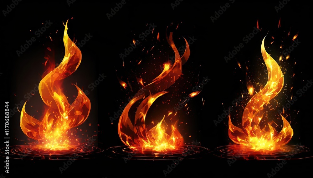 Poster set of burning fires with flames and sparks on transparent background for light background use ideal