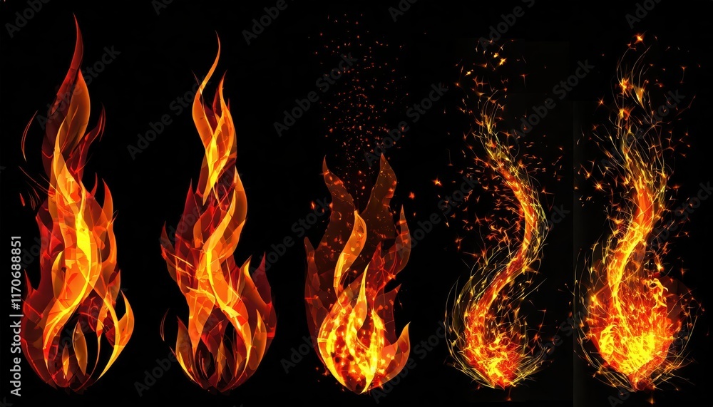 Poster set of burning fires with flames and sparks on transparent background for light background use perfe