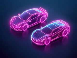 Naklejka premium Radiant Cosmic Holographic Retro Vehicles Glowing in Futuristic Digital
