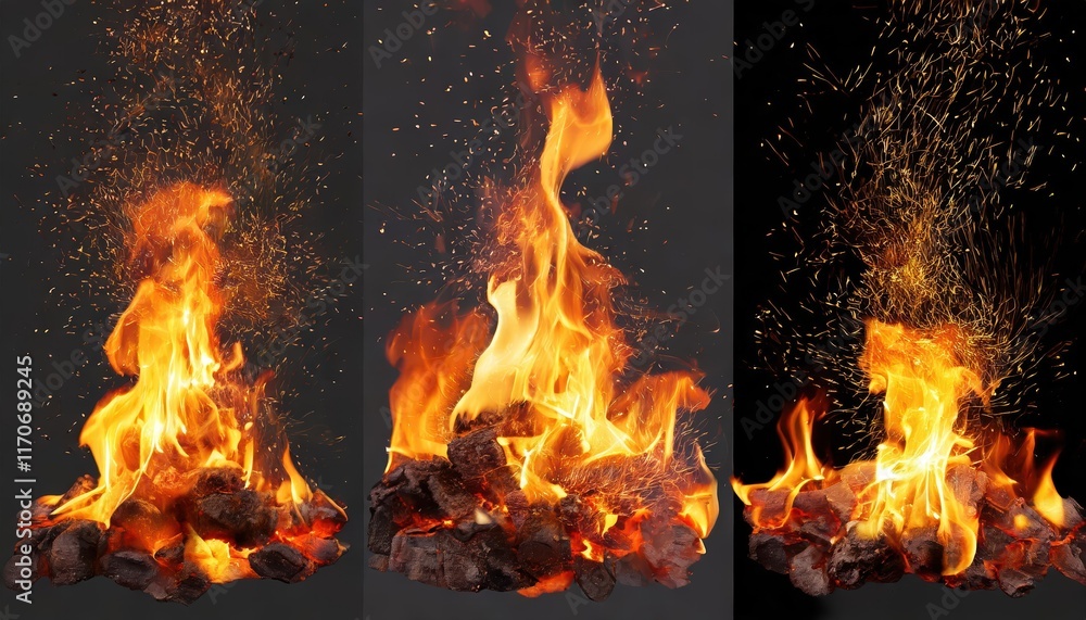 Poster set of burning fires with flames and sparks on transparent background for creative use in light back