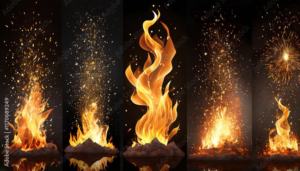 Poster set of burning fires captivating flames and spark effects on transparent background for creative des