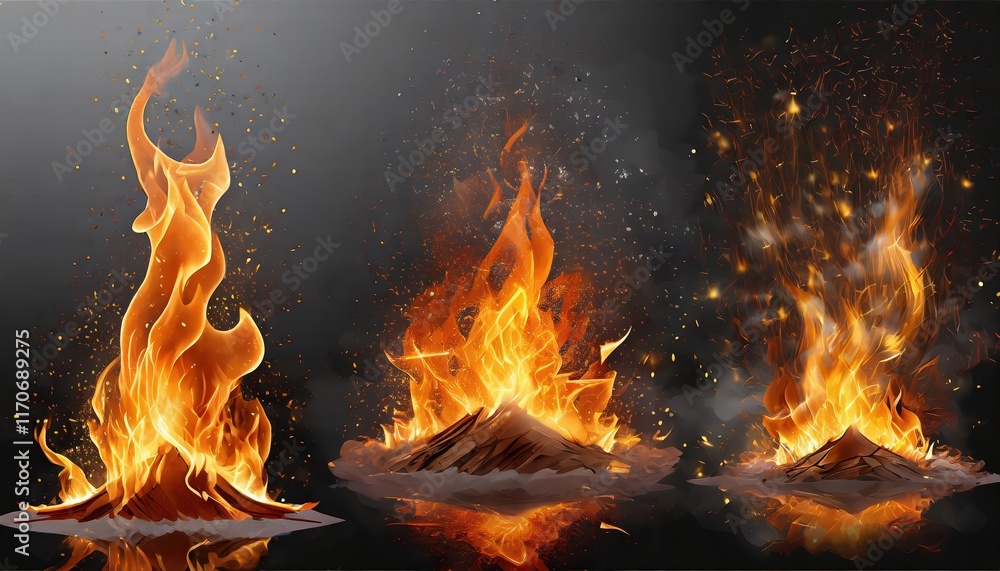 Poster stunning set of burning fires with vibrant flames and sparks on transparent background for creative 