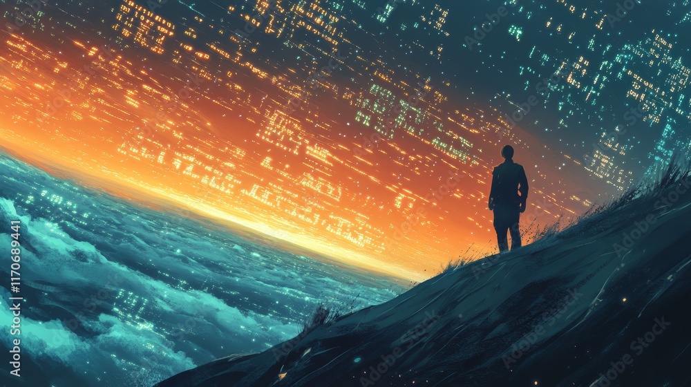 Aufkleber surreal landscape of data-driven world with vibrant horizon and digital clouds at twilight
