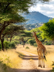 A large giraffe in a Ruaha National Park