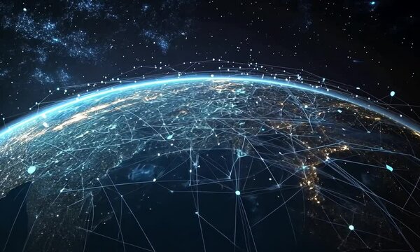 Global network connections, Earth at night, starry background, technology concept
