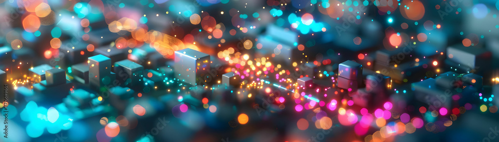 Aufkleber abstract digital landscape with colorful bokeh and sparkling light effects over a cityscape backgrou