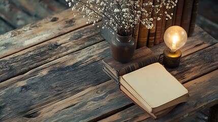 Rustic Still Life: Books, Lamp, and Flowers on Wooden Table