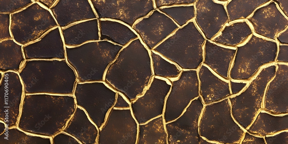 Poster a textured surface with a dark brown base, featuring golden cracks that create an abstract pattern. 