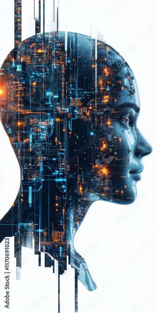 Poster futuristic ai human profile with digital circuitry and glowing lights in abstract style