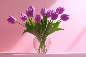 Fototapeta premium Bouquet of purple tulips on a pink background. 