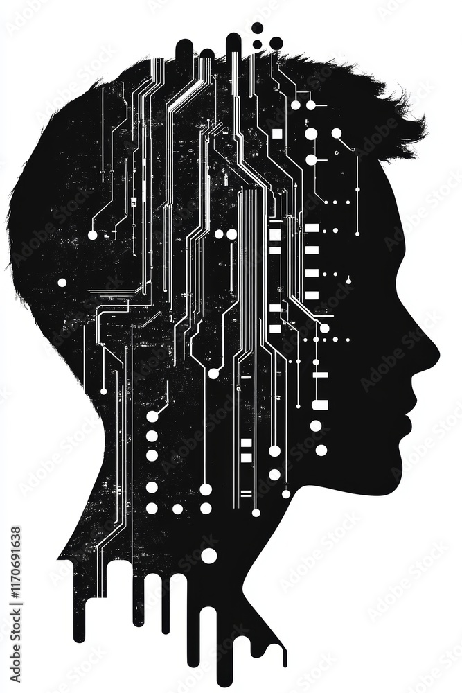 Poster human silhouette with abstract circuit pattern representing technology and innovation