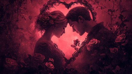 Valentine's Day couple with heart-shaped mirror and roses