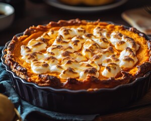 Delicious sweet potato pie with toasted marshmallow topping, perfect for fall gatherings.