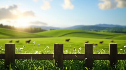 Sunrise landscape with green fields and wooden fence in nature
