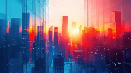Obraz premium Vibrant sunrise cityscape reflected in modern skyscrapers.