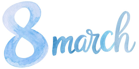 Watercolor design, March 8, International Women's Day, elegant typography, soft blue tones, artistic style.
