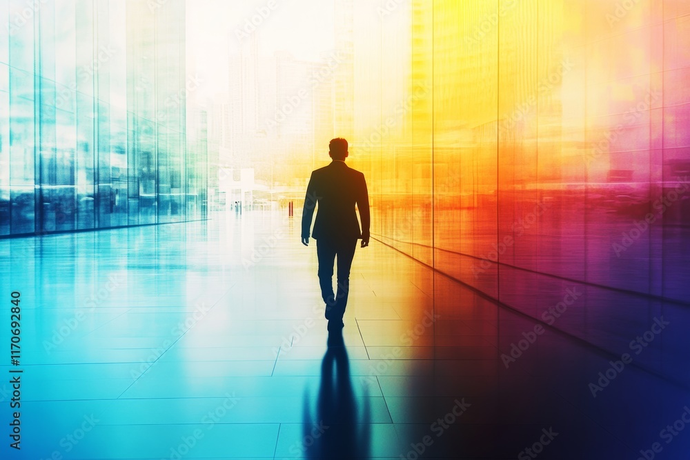 Poster a man walks through a large, empty building with a colorful background