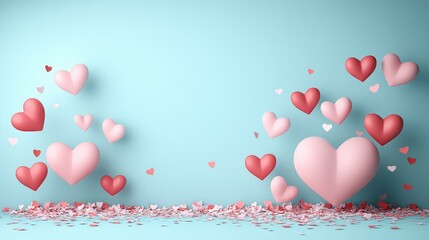 Floating pink and red hearts on blue background with heart confetti. The 14th of February. Happy Valentine's Day