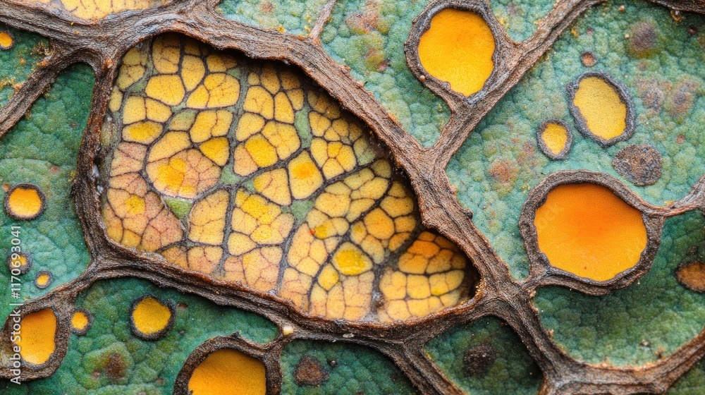 Poster close-up view of a textured leaf surface with intricate patterns of vibrant colors, including yellow