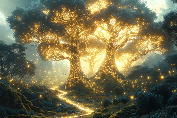 Obraz premium Glowing magical trees in enchanted forest.