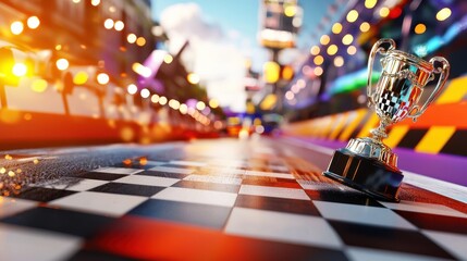 Race day celebration city circuit trophy display vibrant atmosphere