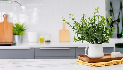 Elegant Vase with Lush Green Plants Isolated on a White Marble Table and Background, Perfect for Home Dcor, Interior Design Inspiration, and Botanical Aesthetics