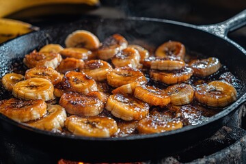 Fototapeta premium Deliciously caramelized banana slices frying in a cast iron skillet, showcasing rich golden hues.