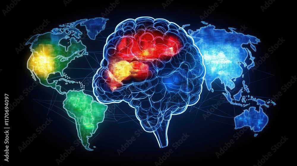 Poster digital brain overlay on global map with colorful regions highlighted