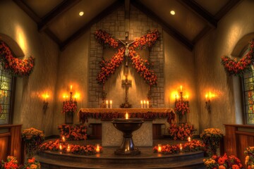 Fototapeta premium A decorated chapel interior featuring floral arrangements and candles, creating a serene atmosphere.